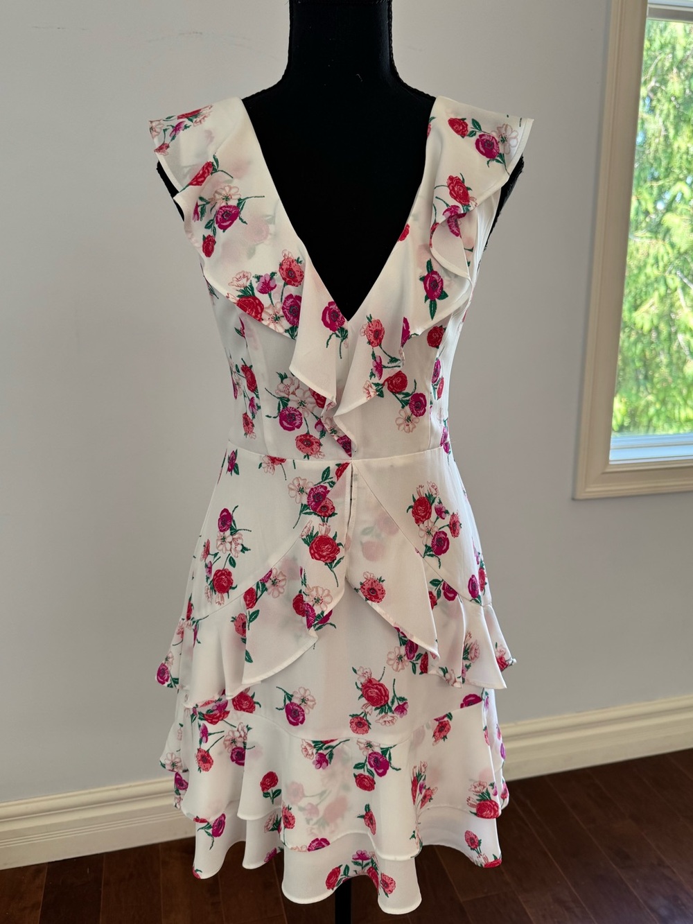 Express White Mini Dress with Pink & Red Rose Print